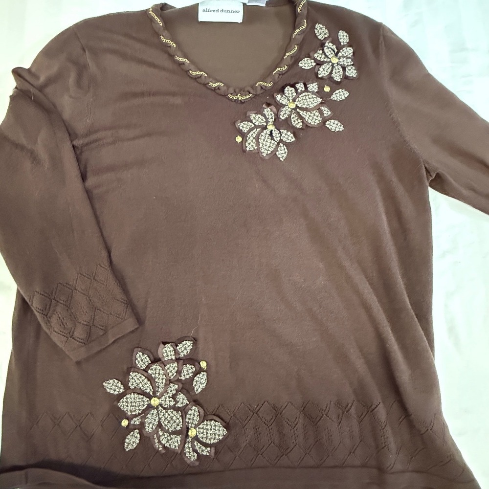 Alfred Dunner Brown Floral V-Neck Sweater L Fall Cozy Grandmacore Embroidered